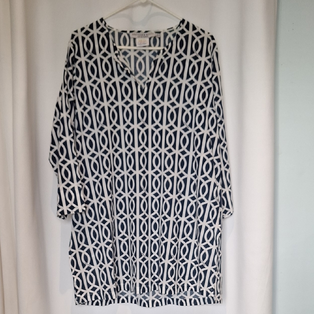 Gretchen Scott Designs Blue and White Boxy Graphic Tunic Size L